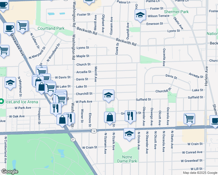 map of restaurants, bars, coffee shops, grocery stores, and more near 7745 Lake Street in Morton Grove