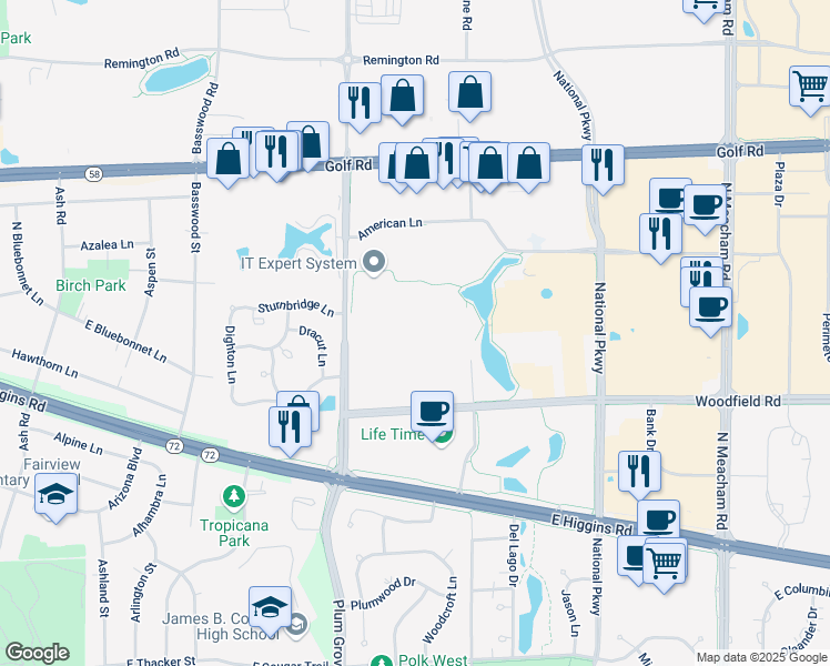 map of restaurants, bars, coffee shops, grocery stores, and more near 915 North Plum Grove Road in Schaumburg