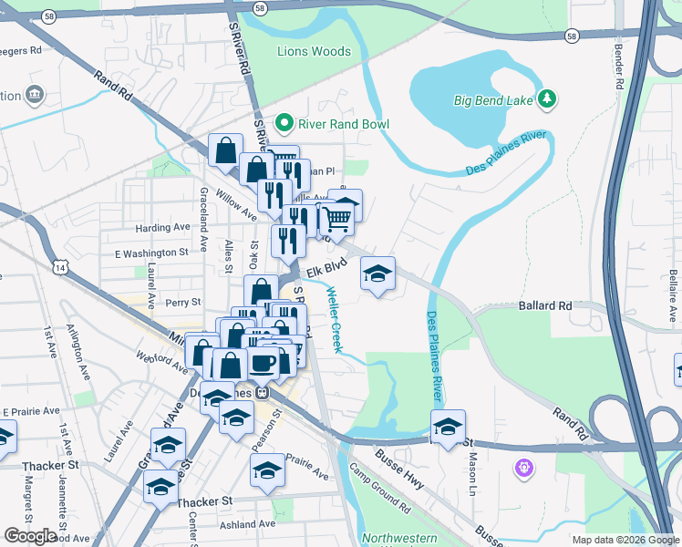 map of restaurants, bars, coffee shops, grocery stores, and more near 1651 Elk Boulevard in Des Plaines