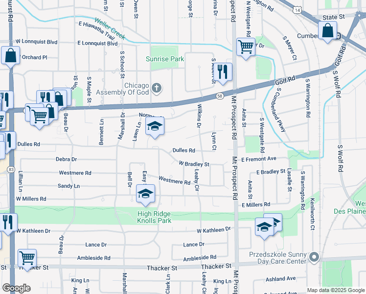 map of restaurants, bars, coffee shops, grocery stores, and more near 200 Dulles Road in Des Plaines