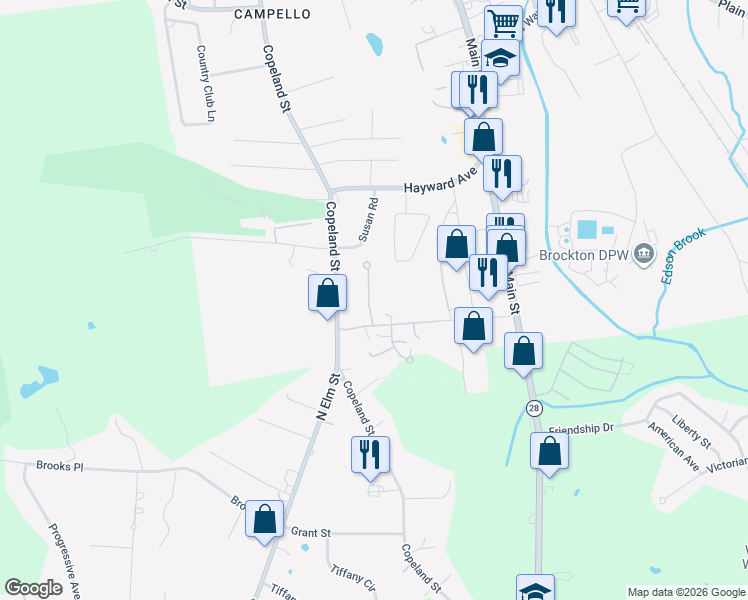 map of restaurants, bars, coffee shops, grocery stores, and more near 3 Finny's Way in Brockton