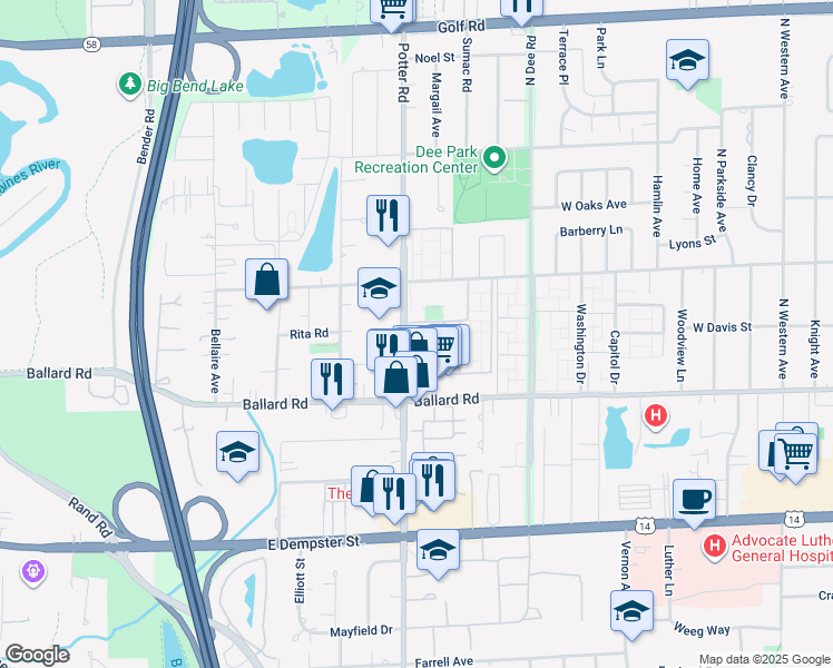 map of restaurants, bars, coffee shops, grocery stores, and more near 9127 Potter Road in Des Plaines