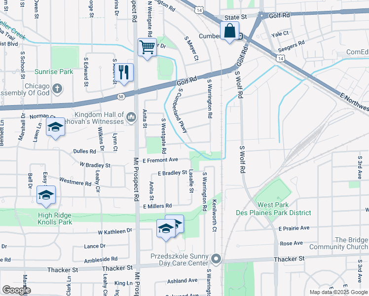 map of restaurants, bars, coffee shops, grocery stores, and more near 265 East Washington Street in Des Plaines