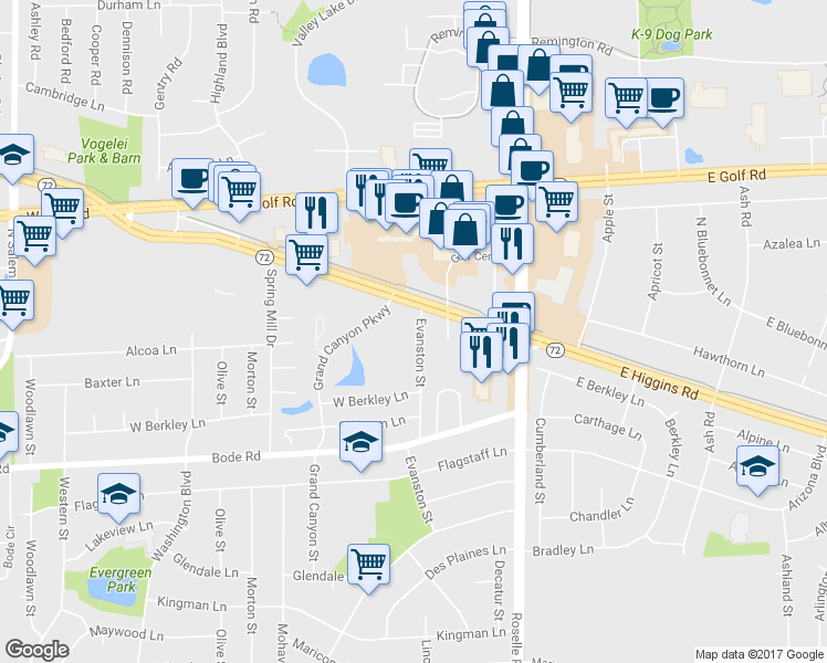 map of restaurants, bars, coffee shops, grocery stores, and more near 980 Evanston Street in Hoffman Estates