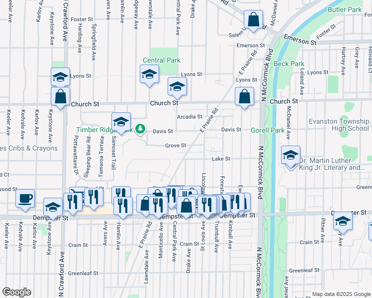 map of restaurants, bars, coffee shops, grocery stores, and more near 3535 Grove Street in Evanston