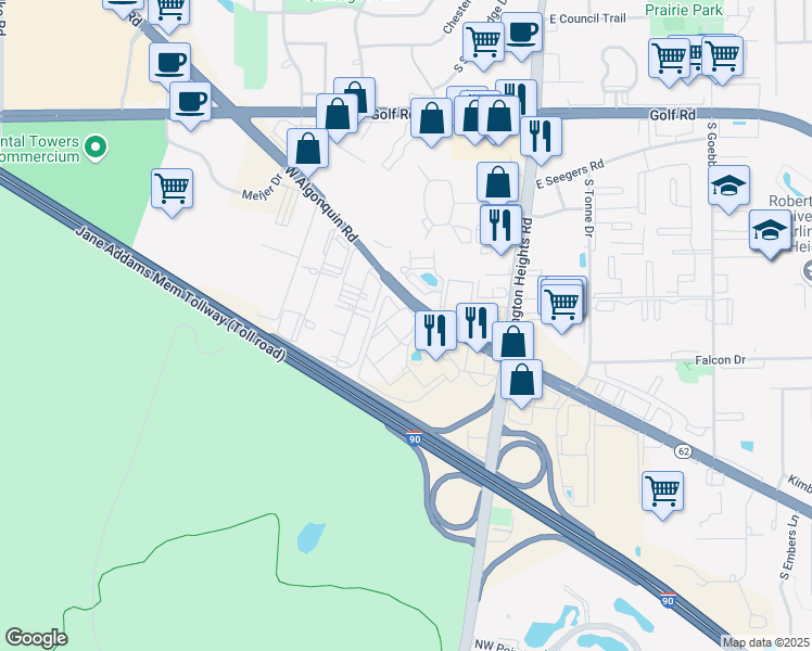 map of restaurants, bars, coffee shops, grocery stores, and more near 95 West Algonquin Road in Arlington Heights
