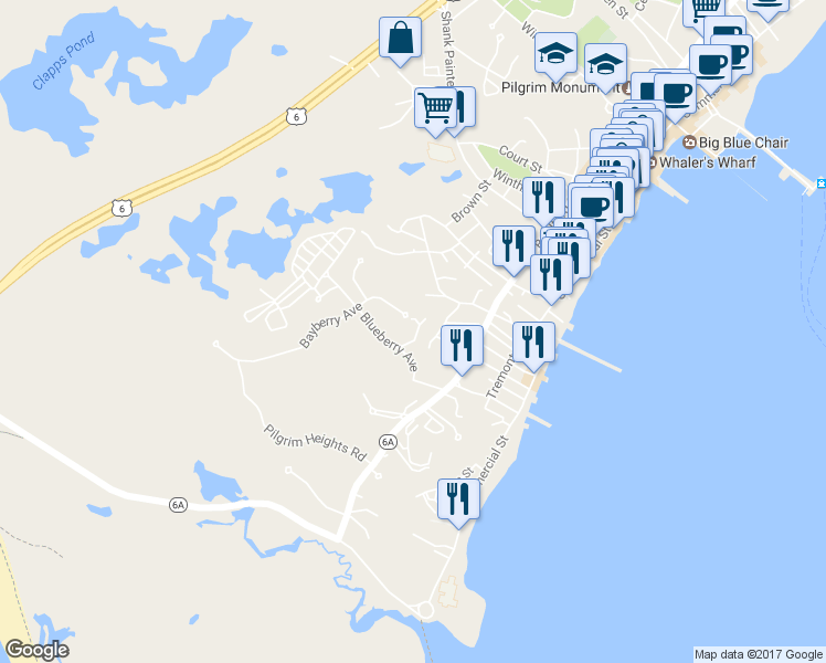 map of restaurants, bars, coffee shops, grocery stores, and more near 102 Bayberry Avenue in Provincetown