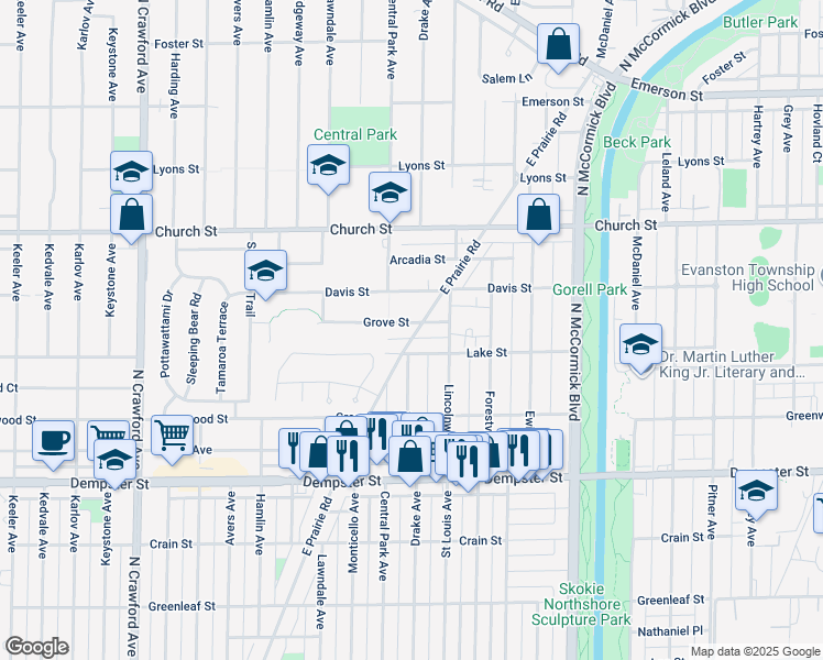 map of restaurants, bars, coffee shops, grocery stores, and more near 3535 Grove Street in Evanston