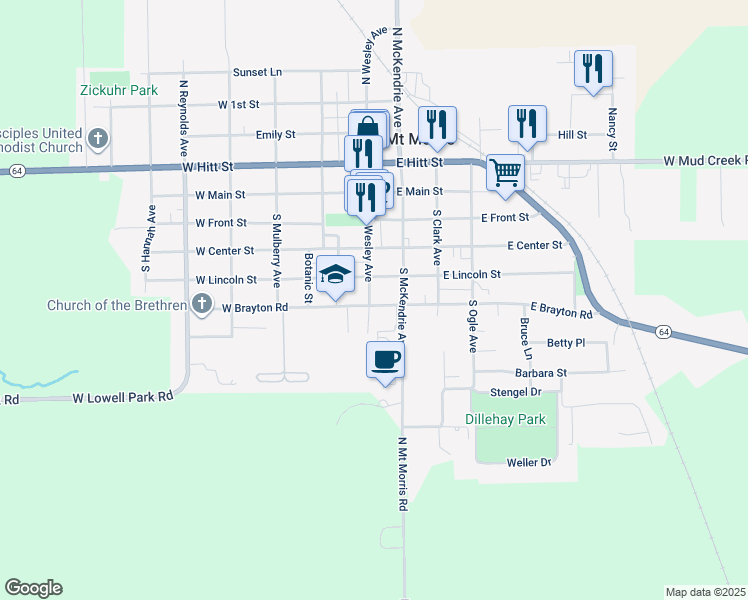 map of restaurants, bars, coffee shops, grocery stores, and more near 307 South Wesley Avenue in Mount Morris