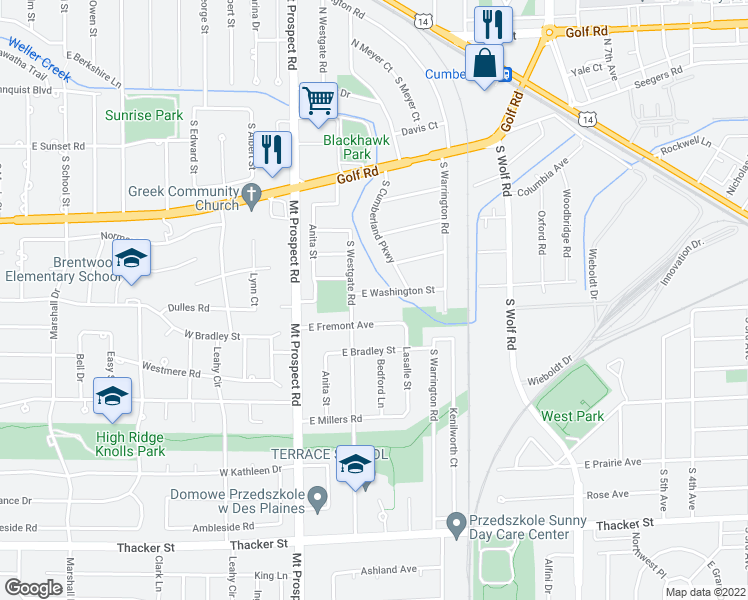 map of restaurants, bars, coffee shops, grocery stores, and more near 237 East Washington Street in Des Plaines