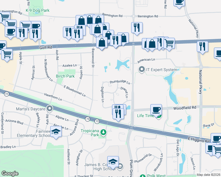 map of restaurants, bars, coffee shops, grocery stores, and more near 614 Newbury Lane in Schaumburg