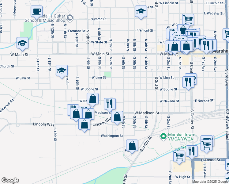 map of restaurants, bars, coffee shops, grocery stores, and more near 612 West Boone Street in Marshalltown