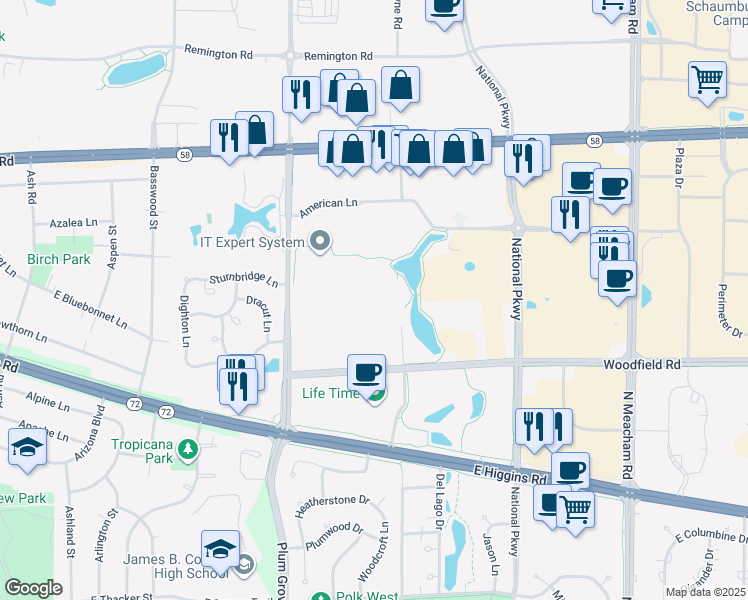 map of restaurants, bars, coffee shops, grocery stores, and more near 925 North Plum Grove Road in Schaumburg