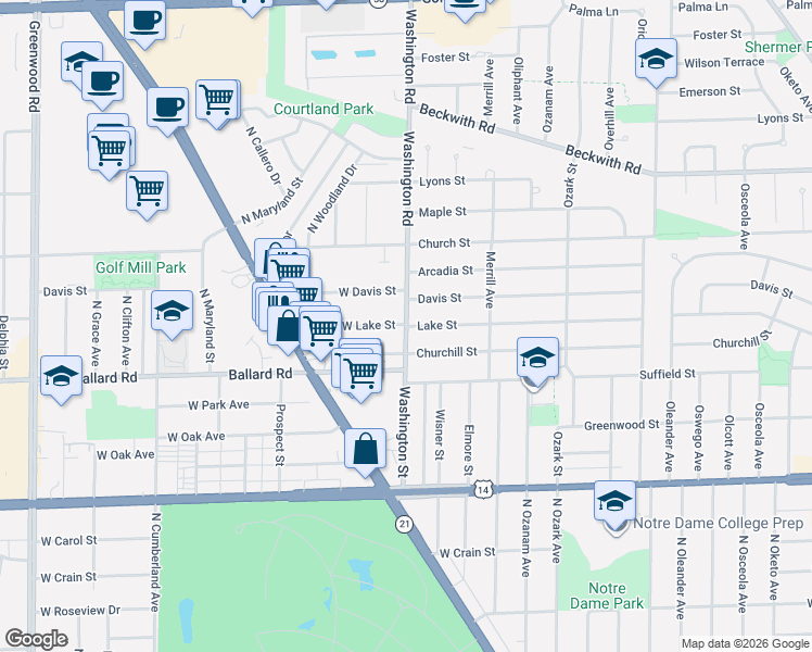 map of restaurants, bars, coffee shops, grocery stores, and more near Washington Ave & Lake St in Niles
