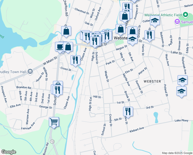 map of restaurants, bars, coffee shops, grocery stores, and more near 11 Crown Street in Webster