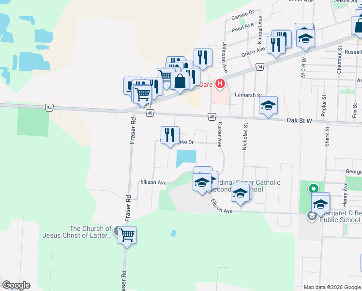 map of restaurants, bars, coffee shops, grocery stores, and more near 28 Sandy Lake Drive in Essex County