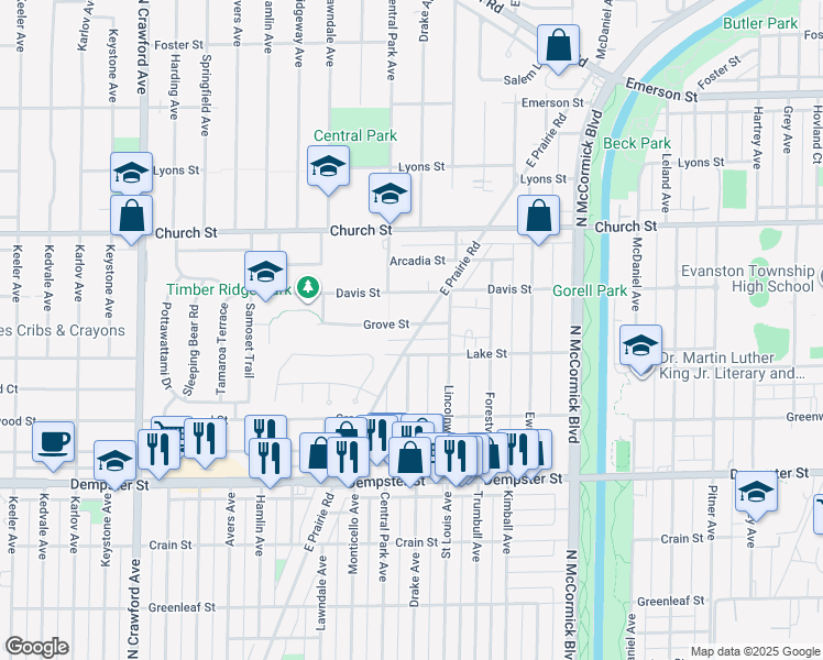 map of restaurants, bars, coffee shops, grocery stores, and more near 3535 Grove Street in Evanston