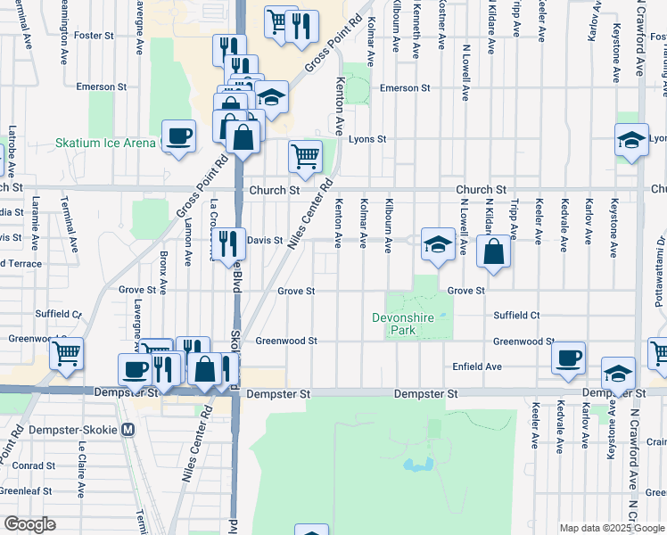 map of restaurants, bars, coffee shops, grocery stores, and more near 9010 Kenton Avenue in Skokie
