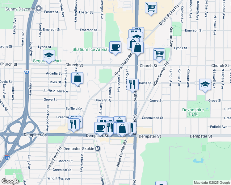 map of restaurants, bars, coffee shops, grocery stores, and more near in Skokie