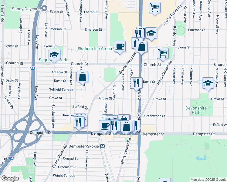 map of restaurants, bars, coffee shops, grocery stores, and more near in Skokie
