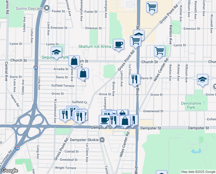 map of restaurants, bars, coffee shops, grocery stores, and more near 9021 Lavergne Avenue in Skokie