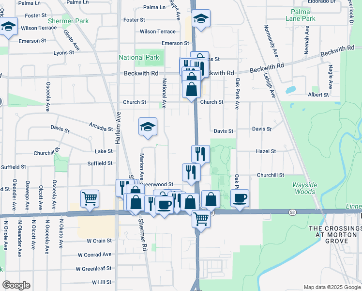 map of restaurants, bars, coffee shops, grocery stores, and more near 8951 National Avenue in Morton Grove