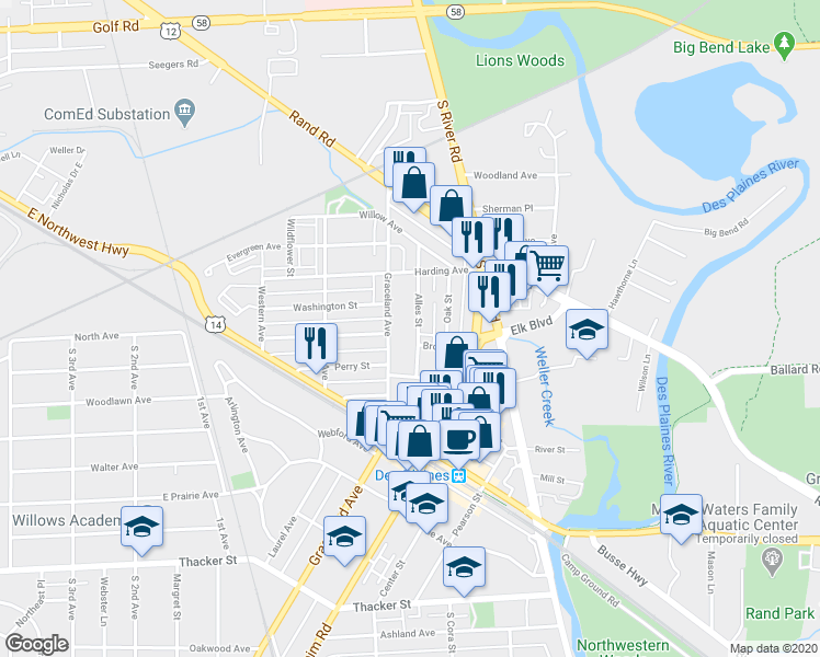 map of restaurants, bars, coffee shops, grocery stores, and more near 463 Brown Street in Des Plaines