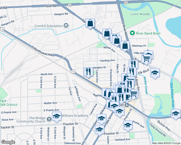 map of restaurants, bars, coffee shops, grocery stores, and more near 1264 Brown Street in Des Plaines