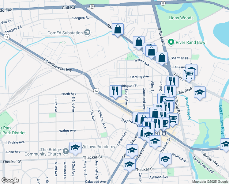 map of restaurants, bars, coffee shops, grocery stores, and more near 1214 Brown Street in Des Plaines