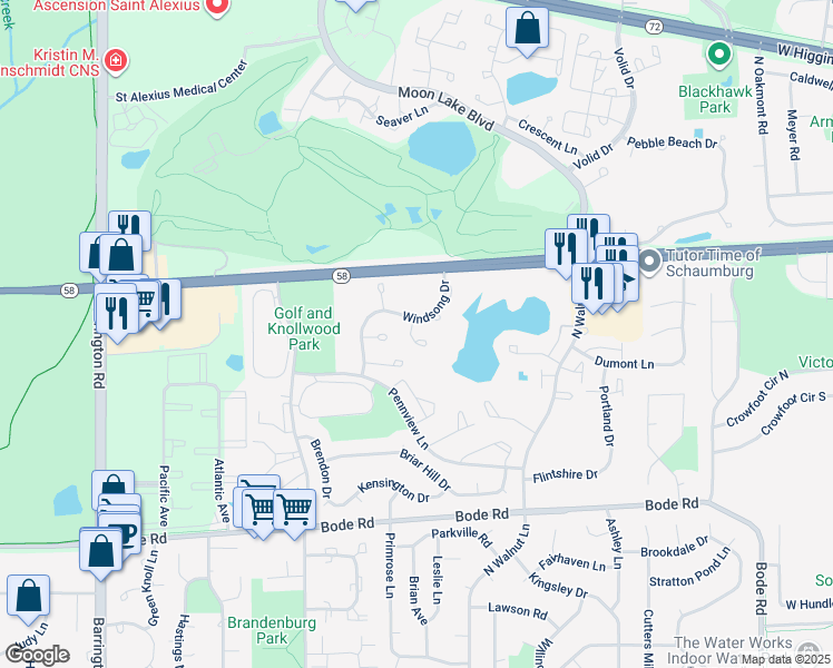 map of restaurants, bars, coffee shops, grocery stores, and more near 2033 Windemere Circle in Schaumburg