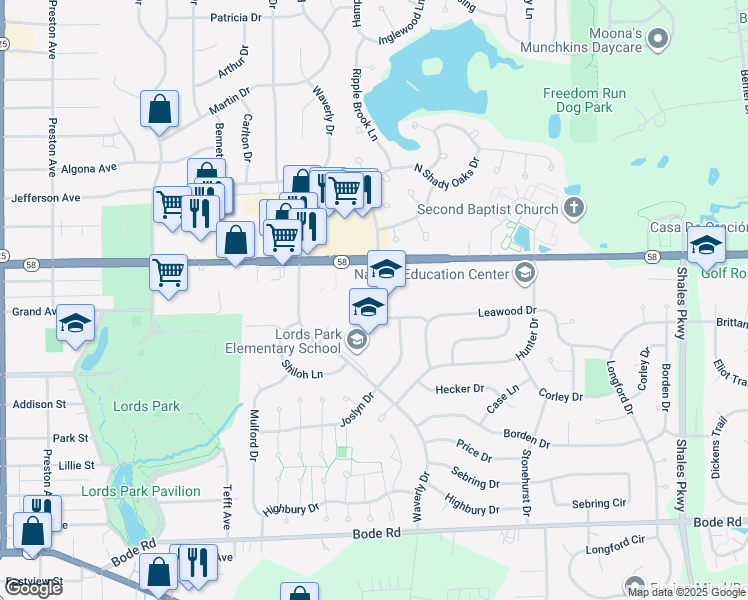 map of restaurants, bars, coffee shops, grocery stores, and more near 1038 North Shady Oaks Drive in Elgin