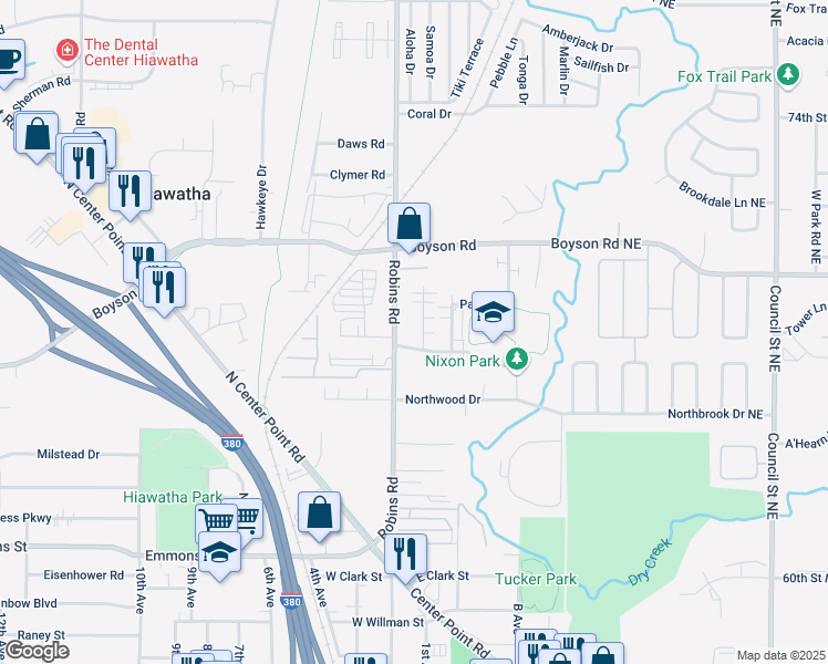 map of restaurants, bars, coffee shops, grocery stores, and more near 705 Robins Road in Hiawatha