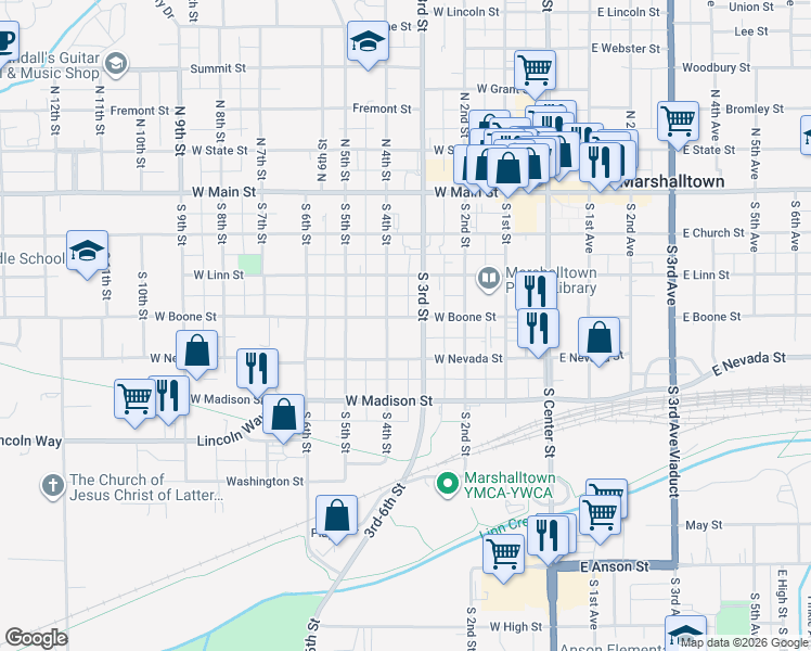 map of restaurants, bars, coffee shops, grocery stores, and more near 300-398 South 4th Street in Marshalltown