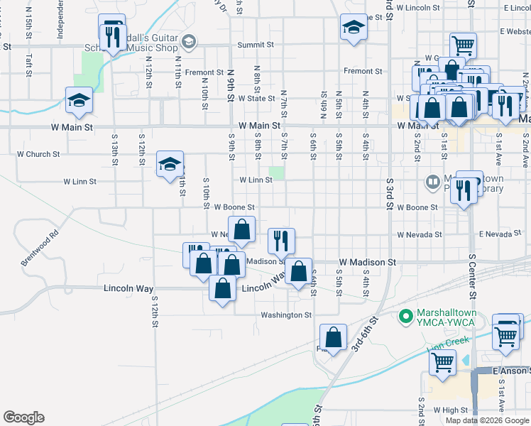 map of restaurants, bars, coffee shops, grocery stores, and more near 614-798 West Boone Street in Marshalltown