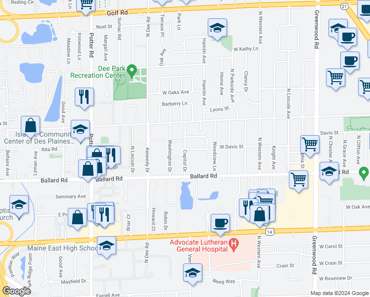 map of restaurants, bars, coffee shops, grocery stores, and more near 9027 Capital Drive in Des Plaines