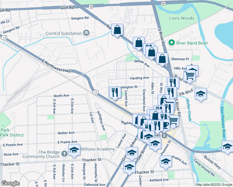 map of restaurants, bars, coffee shops, grocery stores, and more near 1244 Brown Street in Des Plaines