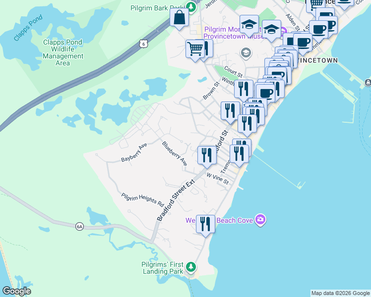 map of restaurants, bars, coffee shops, grocery stores, and more near 102 Bayberry Avenue in Provincetown