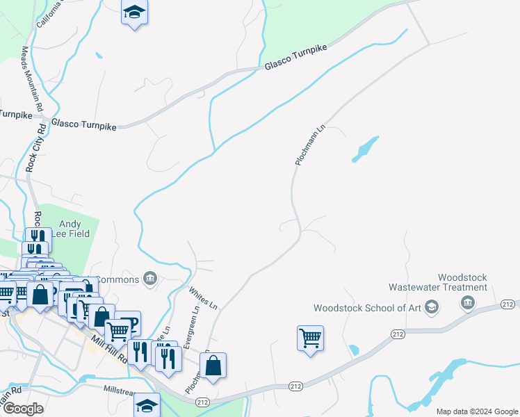 map of restaurants, bars, coffee shops, grocery stores, and more near 87 Plochmann Lane in Woodstock