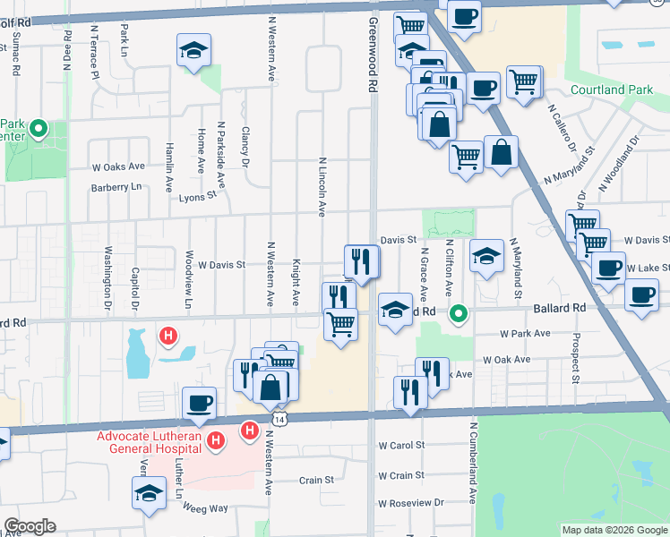 map of restaurants, bars, coffee shops, grocery stores, and more near 9076 Buckingham Park Drive in Des Plaines