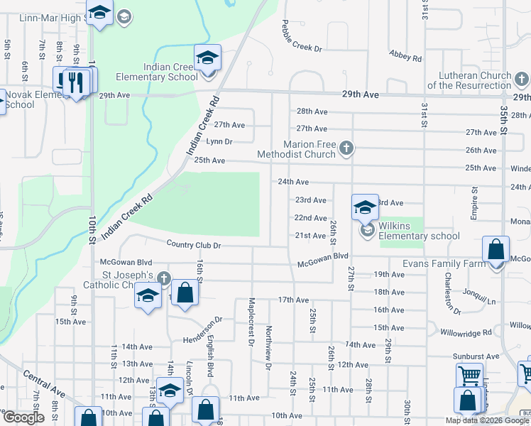 map of restaurants, bars, coffee shops, grocery stores, and more near 2205 Northview Drive in Marion