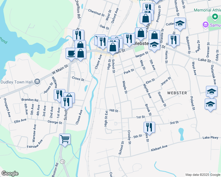 map of restaurants, bars, coffee shops, grocery stores, and more near 11 Crown Street in Webster