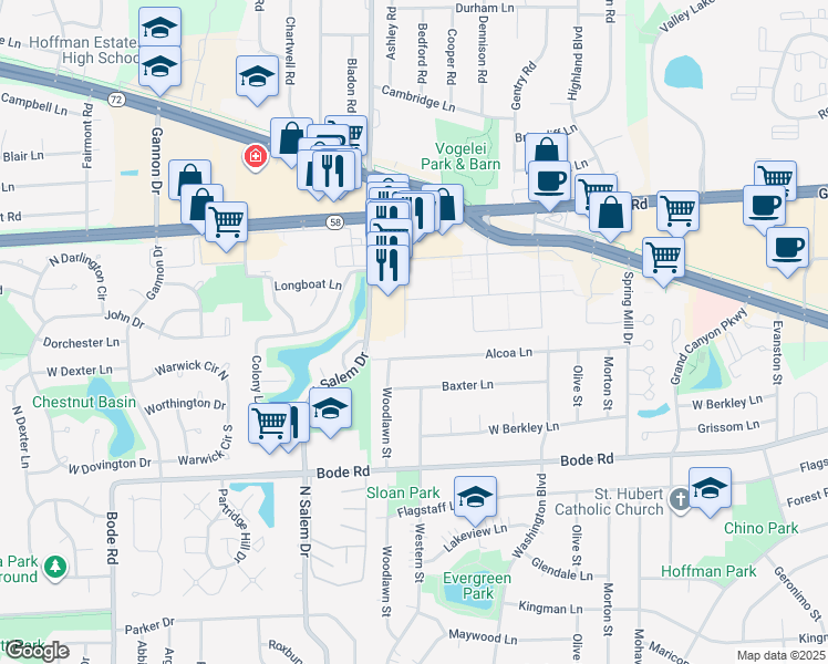 map of restaurants, bars, coffee shops, grocery stores, and more near 1045 West Higgins Road in Hoffman Estates