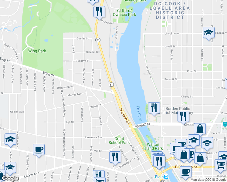 map of restaurants, bars, coffee shops, grocery stores, and more near 540 North State Street in Elgin