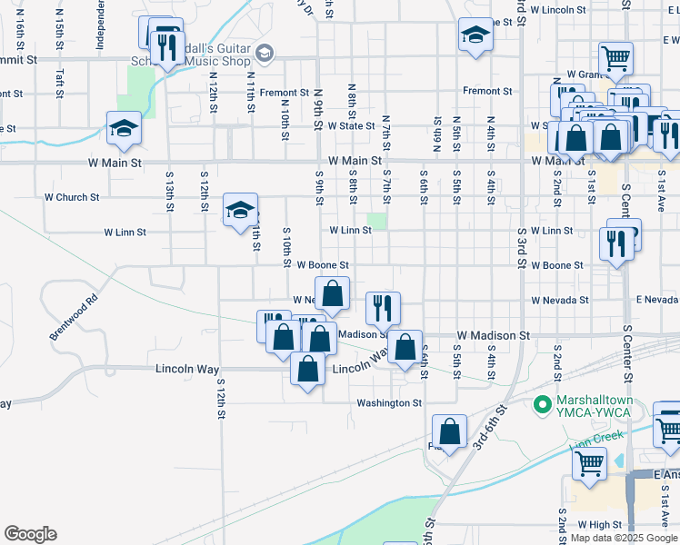 map of restaurants, bars, coffee shops, grocery stores, and more near 806 West Boone Street in Marshalltown