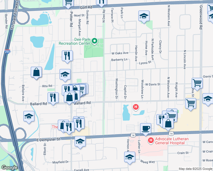 map of restaurants, bars, coffee shops, grocery stores, and more near 9298 Ballard Road in Des Plaines
