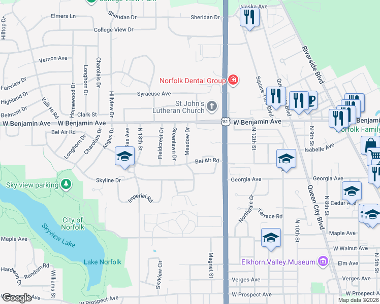 map of restaurants, bars, coffee shops, grocery stores, and more near 1202 Meadow Drive in Norfolk