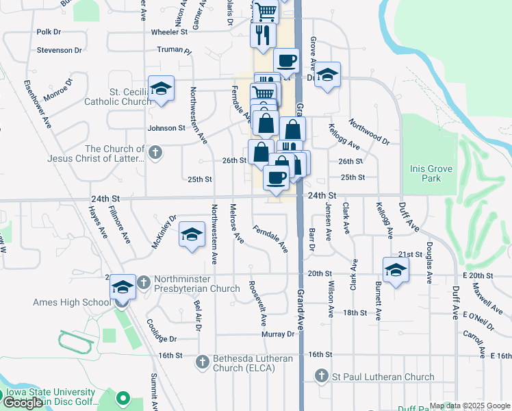 map of restaurants, bars, coffee shops, grocery stores, and more near 2310 Ferndale Avenue in Ames