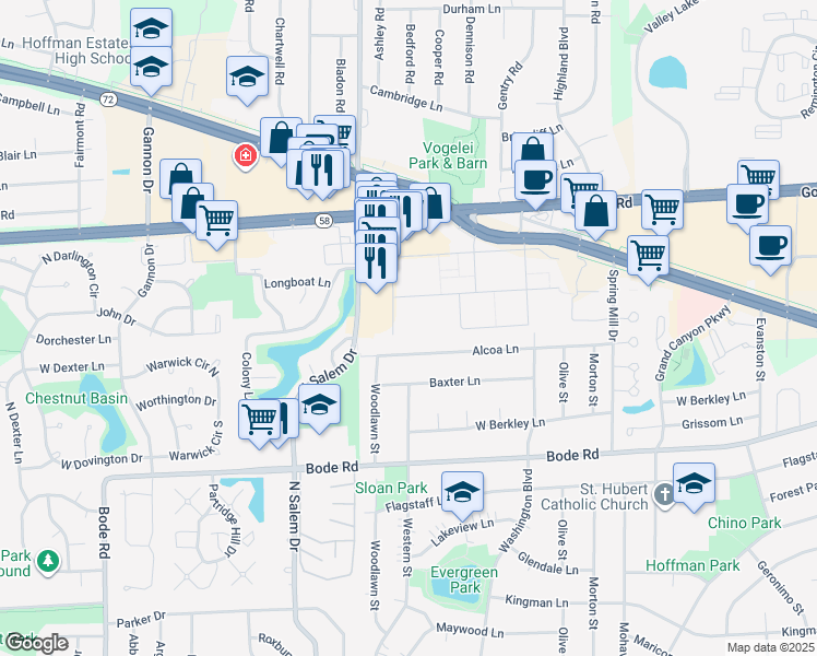 map of restaurants, bars, coffee shops, grocery stores, and more near 1045 West Higgins Road in Hoffman Estates