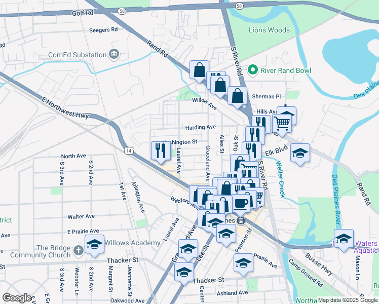 map of restaurants, bars, coffee shops, grocery stores, and more near 1336 Brown Street in Des Plaines