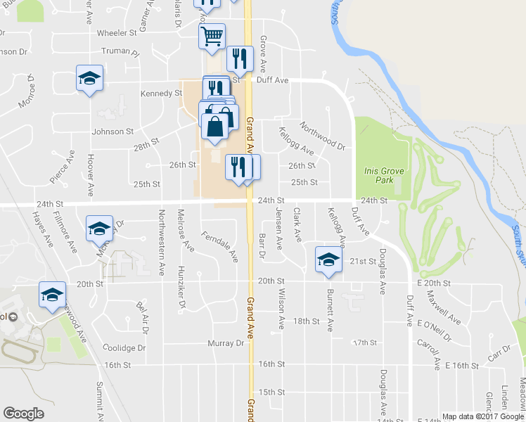 map of restaurants, bars, coffee shops, grocery stores, and more near 612 24th Street in Ames